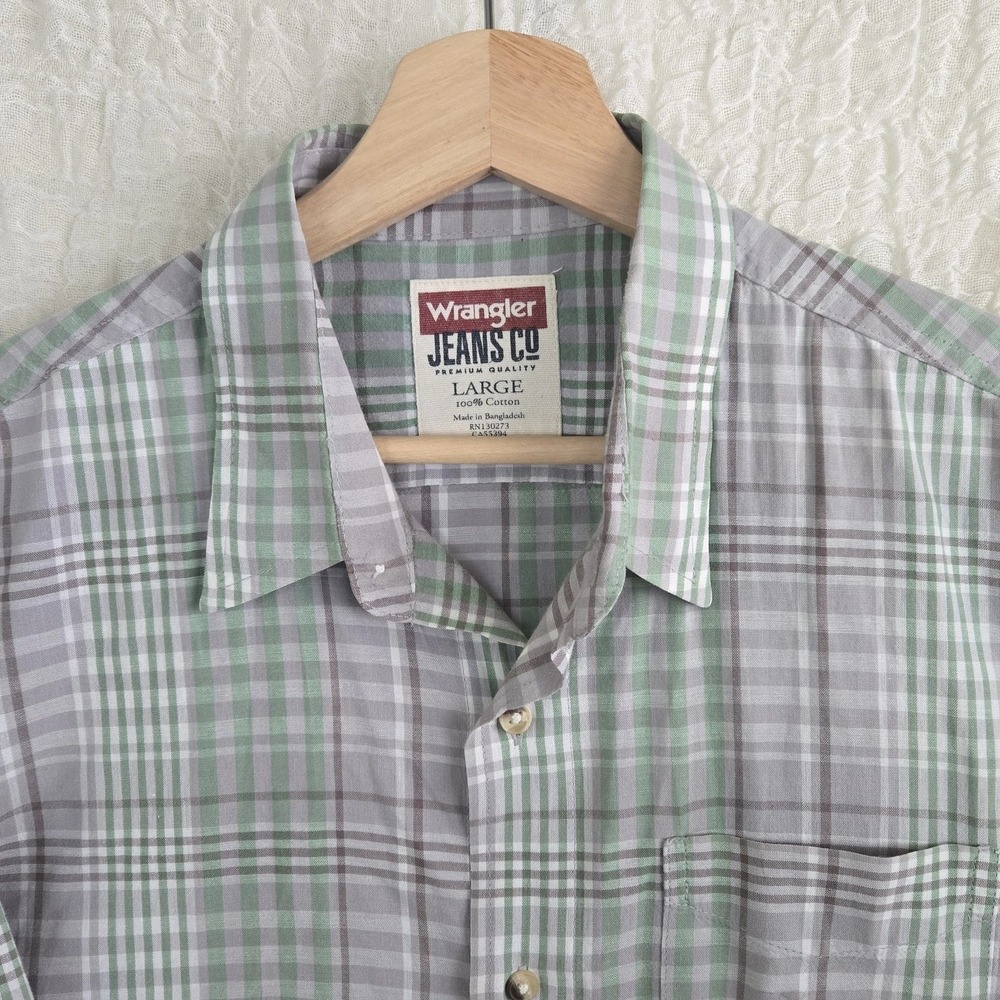 Wrangler Jeans Co Shirt Mens Sz L Button Up Western Gray Green Plaid Long Sleeve